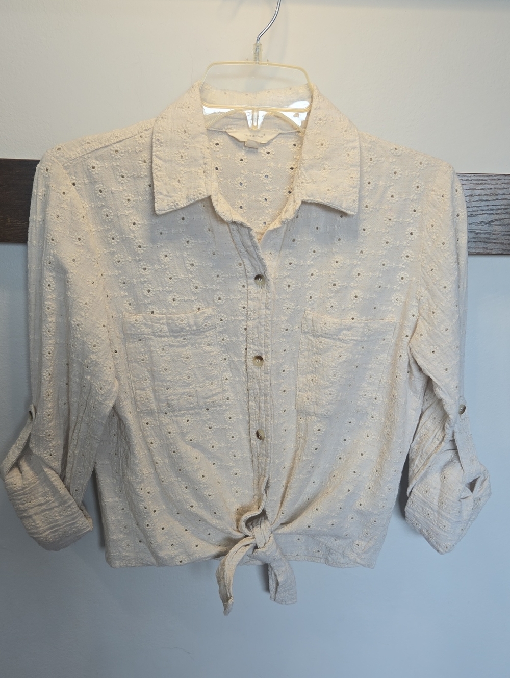 Cream Eyelet Tie-Front Button Blouse